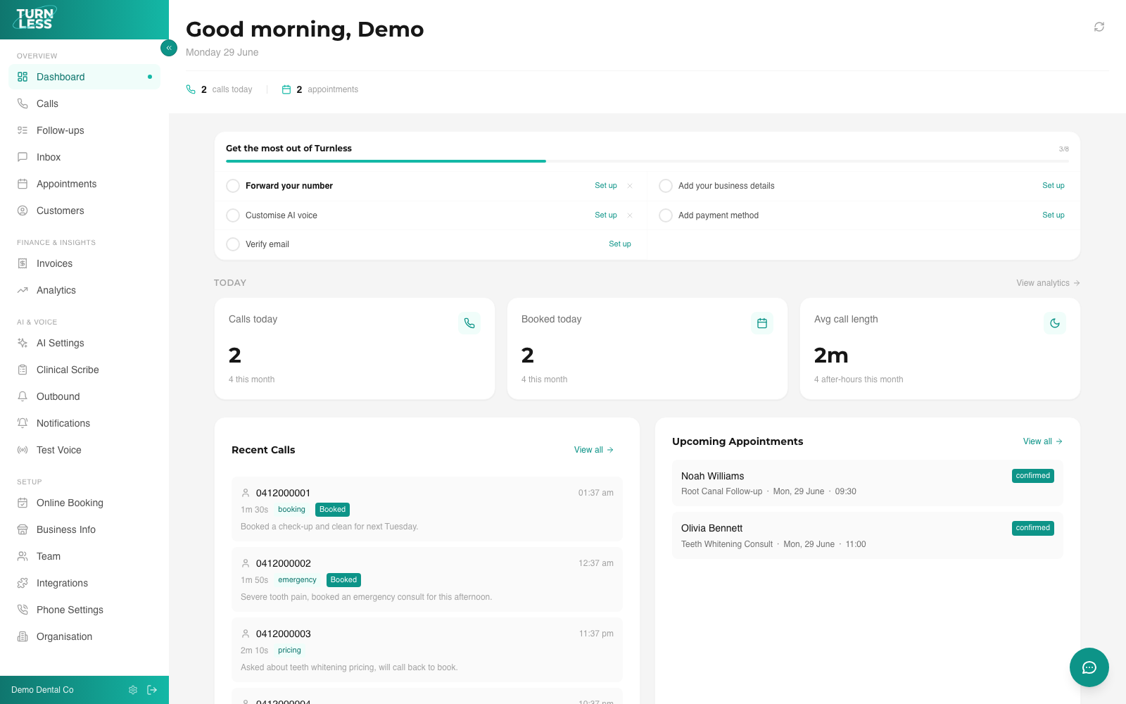 Turnless practice dashboard showing today's calls, upcoming appointments, and recent activity for a dental practice