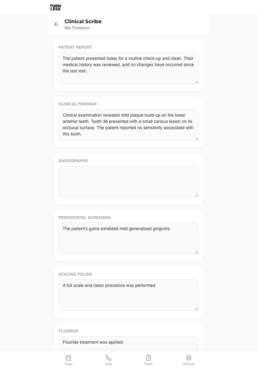 Turnless Clinical Scribe AI-generated note for a dental check-up, showing Patient Report, Clinical Findings, Periodontal Screening and more