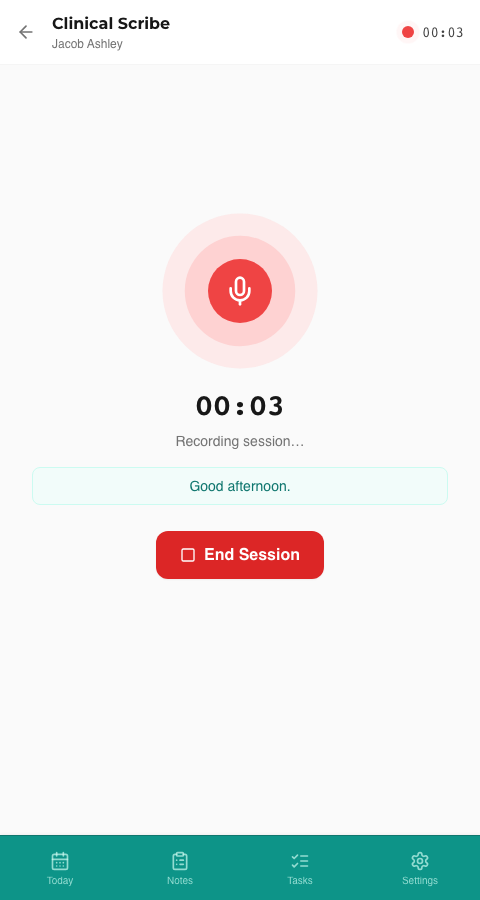 Turnless Clinical Scribe live recording screen showing a live caption during the consultation and an End Session button