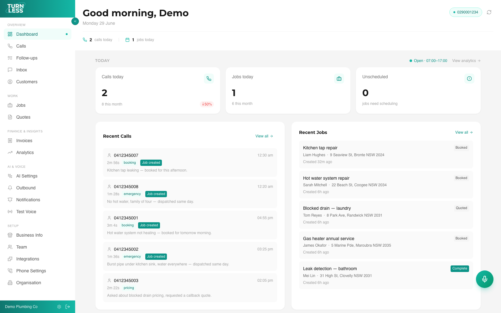 Turnless owner dashboard showing today's calls, jobs, and recent activity for a plumbing business