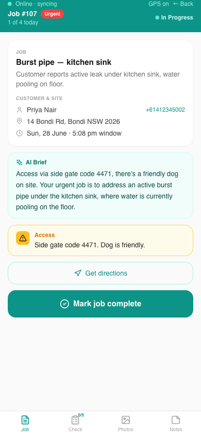 Turnless Field PWA job detail screen on a technician's phone, showing job brief, access notes, and a mark-complete button