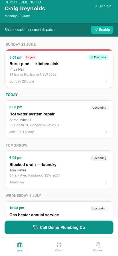 Turnless Field PWA jobs list grouped by day for a technician — the real product, no mockups