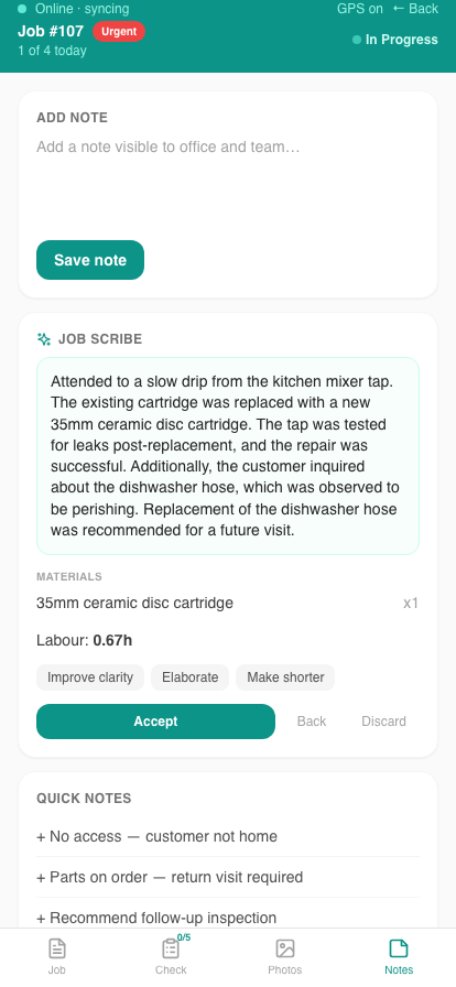 Turnless Job Scribe AI-generated job note with materials and labour hours
