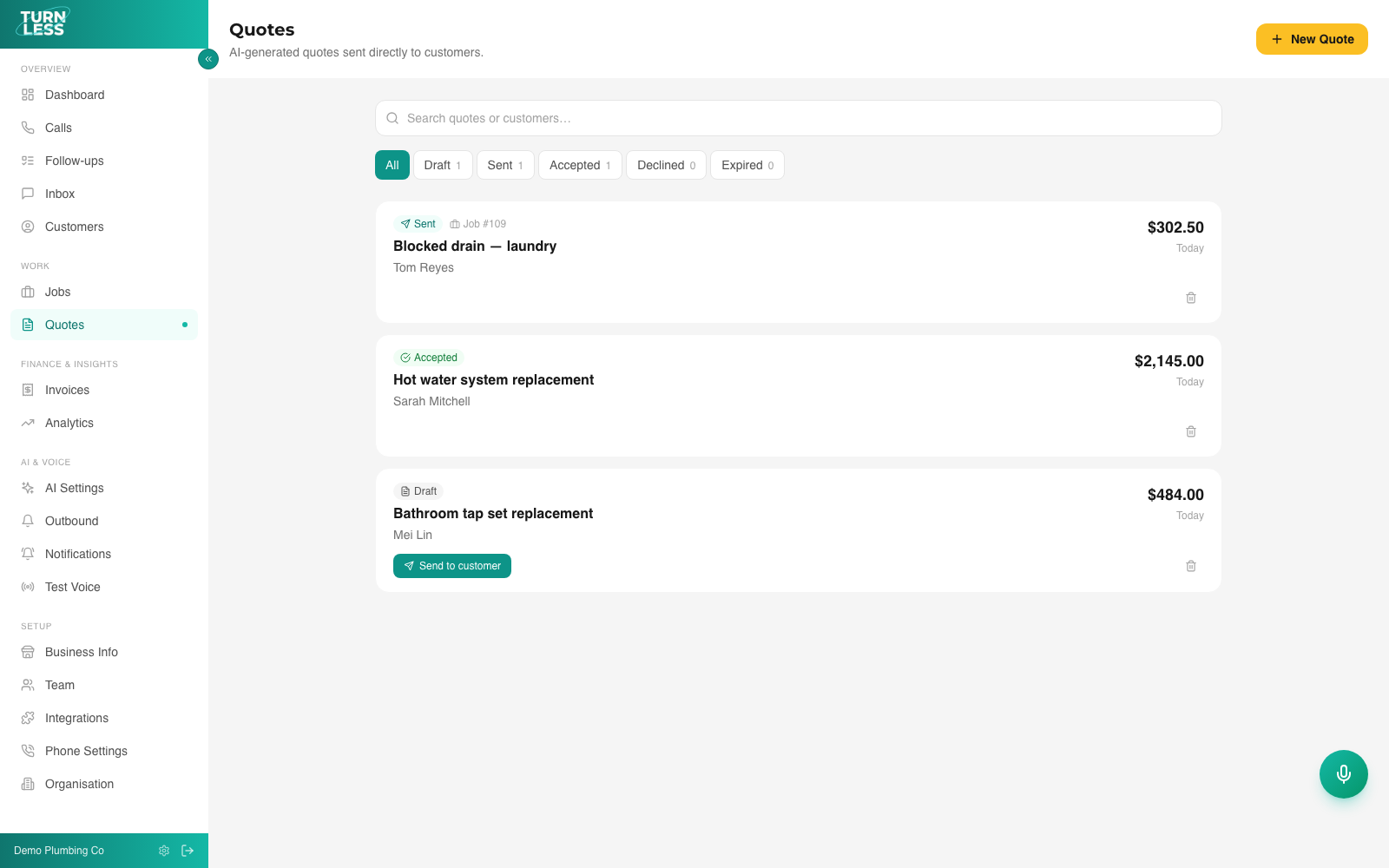 Turnless quotes dashboard showing sent, accepted, and draft quotes for a plumbing business